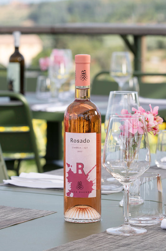 Rosado wine on table with wine glass